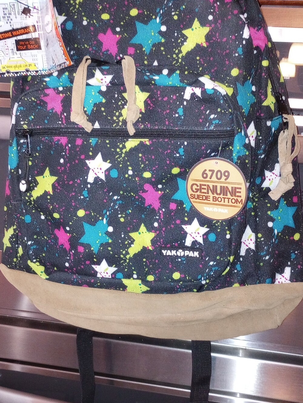 NWT Yak Pak Black Backpack with Multicolor Star Print and Tan Suede Bottom